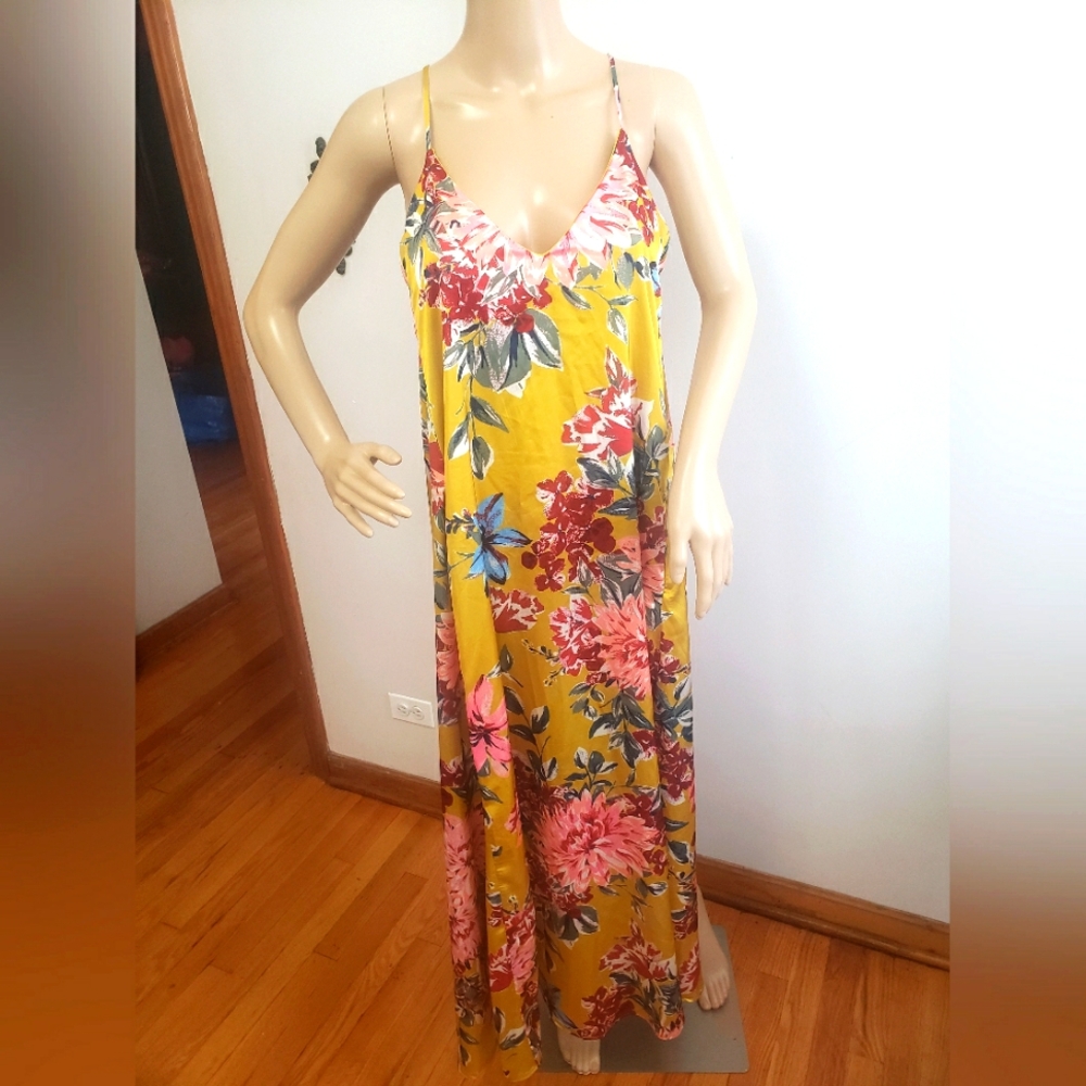 Nicole Miller Womens Yellow Multicolor Floral Print Maxi Dress- Size 4